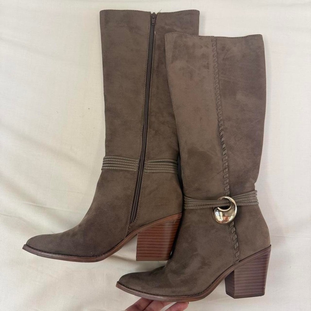 Taupe‎ faux suede mid-calf western boots
